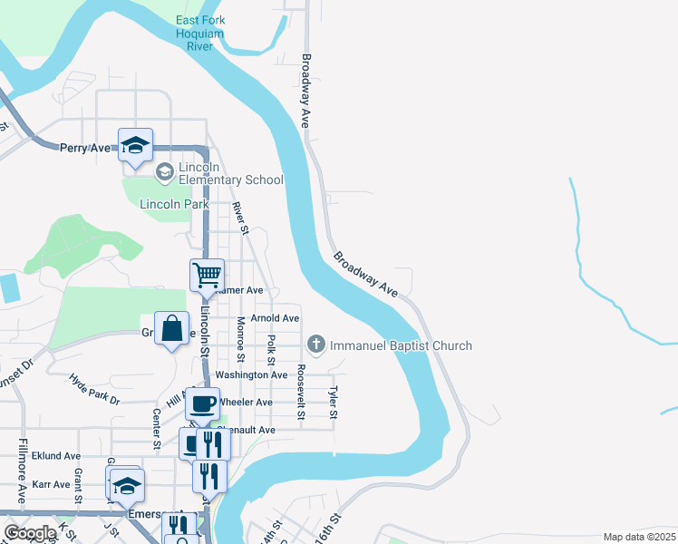 map of restaurants, bars, coffee shops, grocery stores, and more near 916 Broadway Avenue in Hoquiam