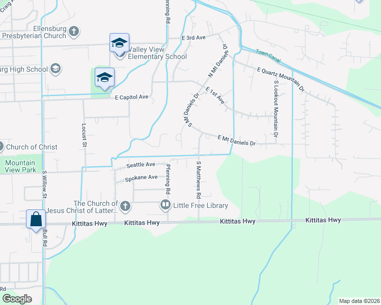 map of restaurants, bars, coffee shops, grocery stores, and more near 415 South Matthews Road in Ellensburg