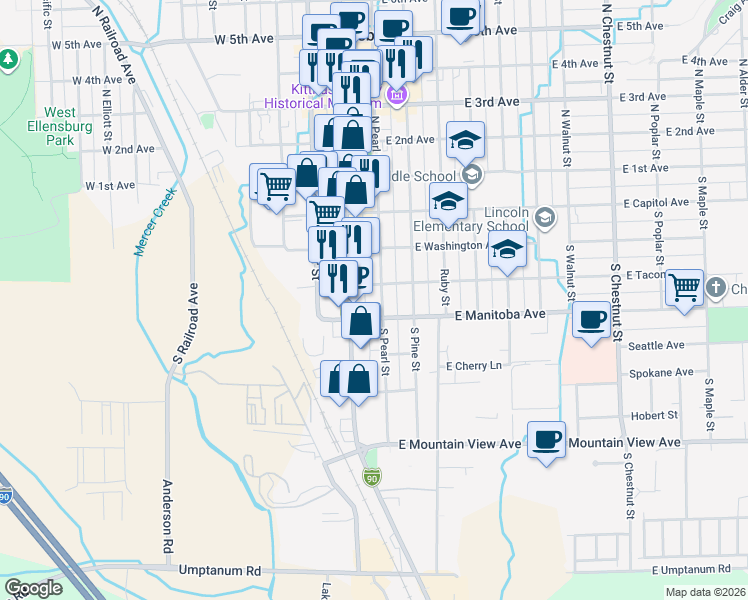 map of restaurants, bars, coffee shops, grocery stores, and more near 405 South Pearl Street in Ellensburg
