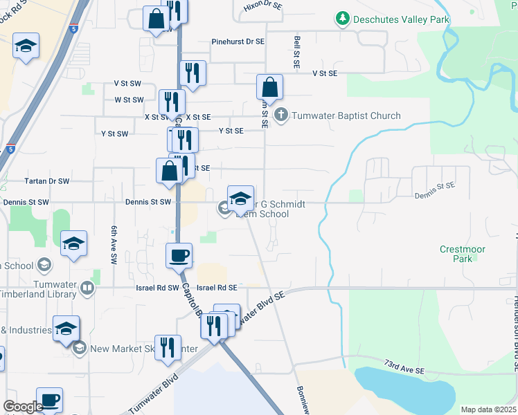 map of restaurants, bars, coffee shops, grocery stores, and more near 325 Dennis Street Southeast in Tumwater