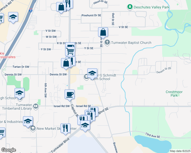 map of restaurants, bars, coffee shops, grocery stores, and more near 306 Dennis Street Southeast in Tumwater