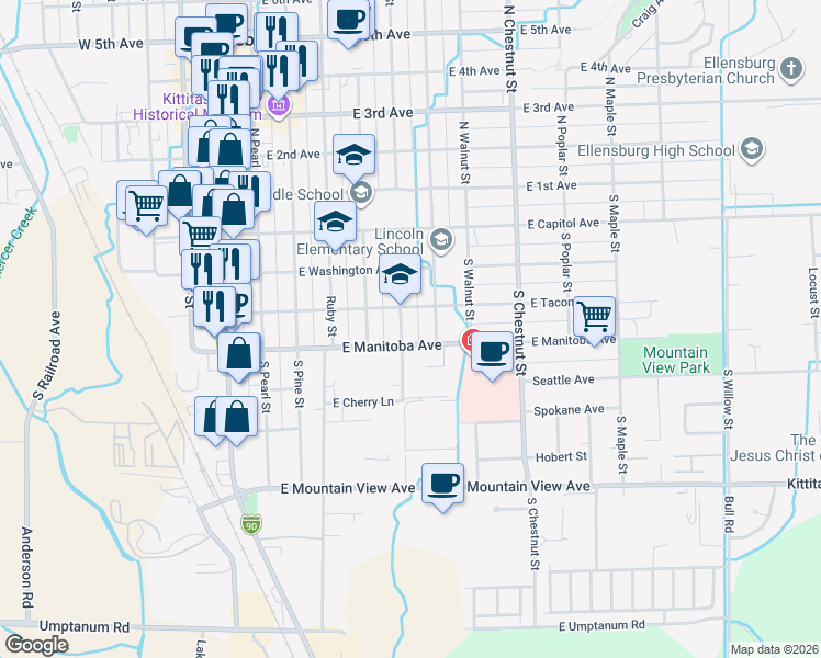 map of restaurants, bars, coffee shops, grocery stores, and more near 403 South Anderson Street in Ellensburg