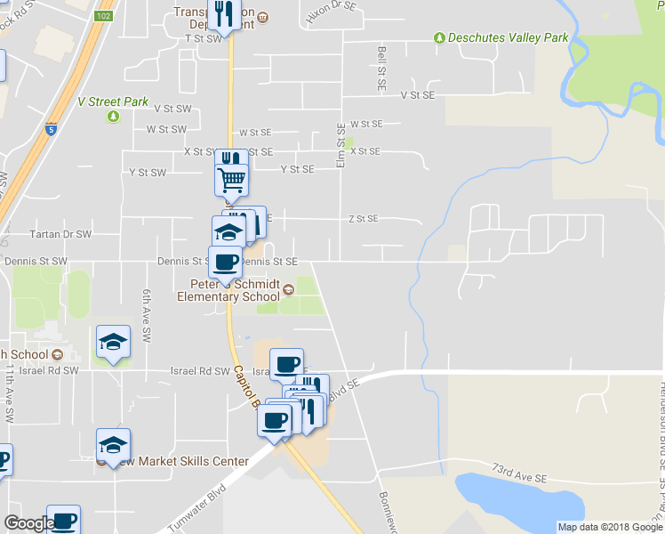 map of restaurants, bars, coffee shops, grocery stores, and more near 325 Dennis Street Southeast in Tumwater