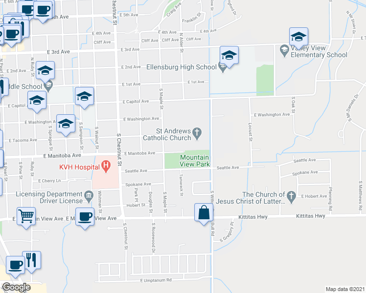 map of restaurants, bars, coffee shops, grocery stores, and more near 1015 East Manitoba Avenue in Ellensburg