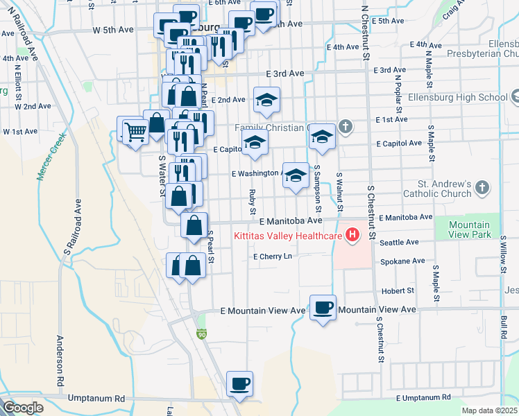 map of restaurants, bars, coffee shops, grocery stores, and more near 403 Ruby Street in Ellensburg