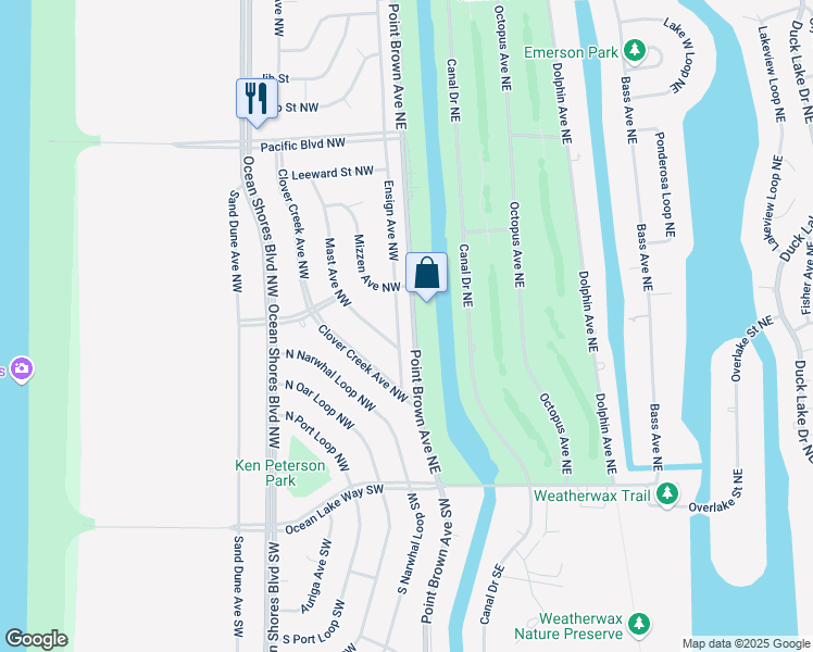 map of restaurants, bars, coffee shops, grocery stores, and more near 258 Ensign Avenue Northwest in Ocean Shores