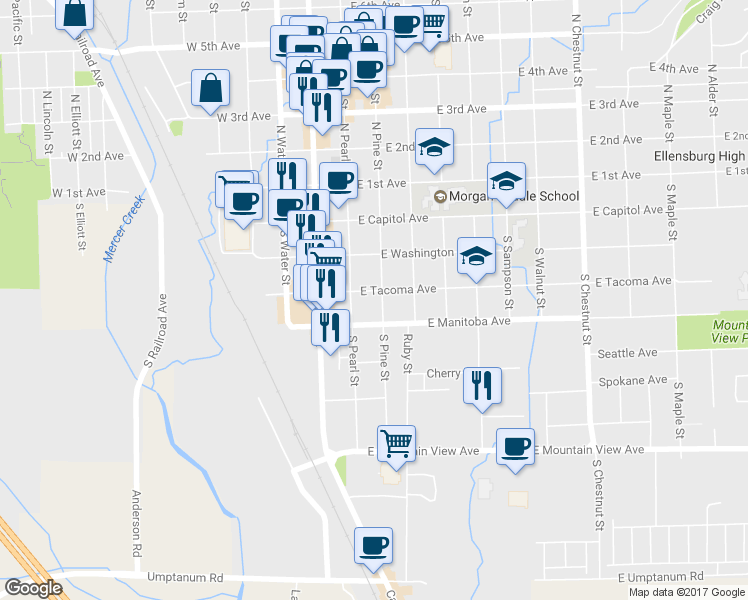 map of restaurants, bars, coffee shops, grocery stores, and more near 403 South Pine Street in Ellensburg