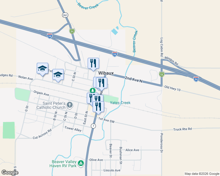 map of restaurants, bars, coffee shops, grocery stores, and more near 107 1st Avenue Northwest in Wibaux