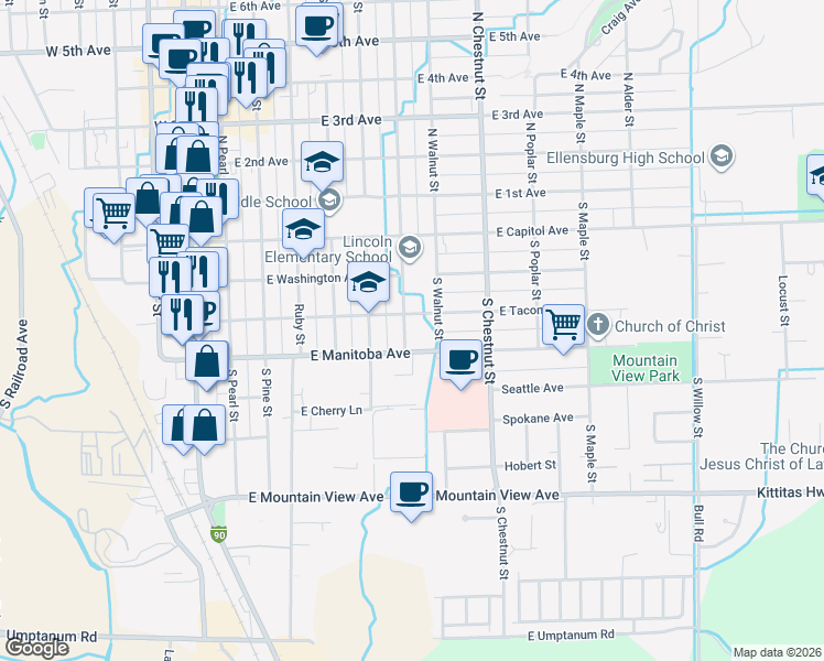map of restaurants, bars, coffee shops, grocery stores, and more near 404 South Sampson Street in Ellensburg