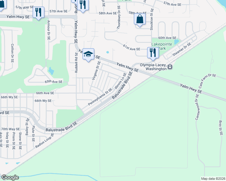 map of restaurants, bars, coffee shops, grocery stores, and more near 6501 Delaware Avenue Southeast in Lacey
