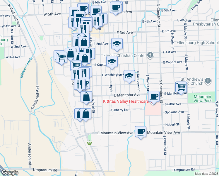 map of restaurants, bars, coffee shops, grocery stores, and more near 403 Ruby Street in Ellensburg