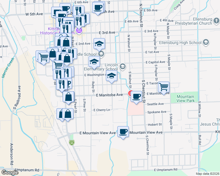 map of restaurants, bars, coffee shops, grocery stores, and more near 403 South Anderson Street in Ellensburg