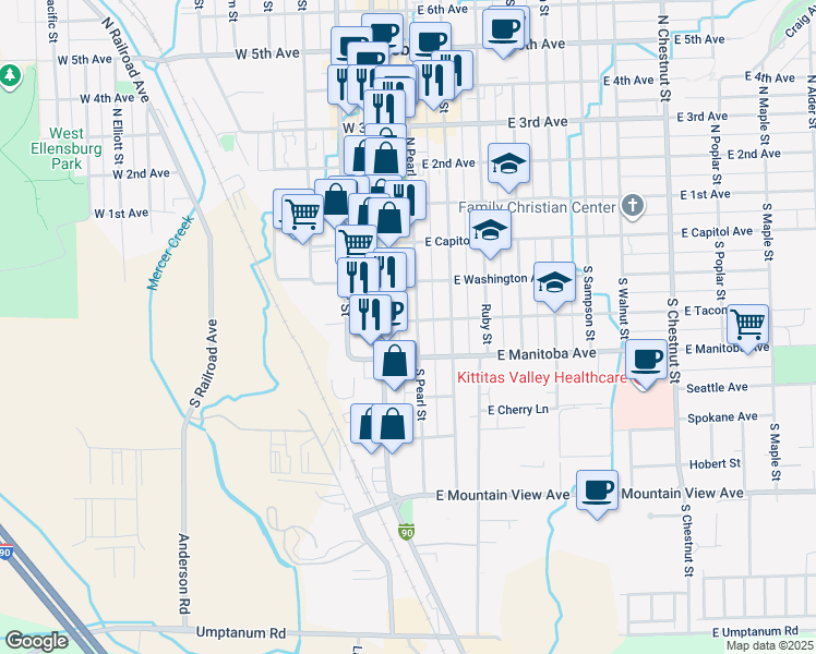 map of restaurants, bars, coffee shops, grocery stores, and more near 401 South Pearl Street in Ellensburg