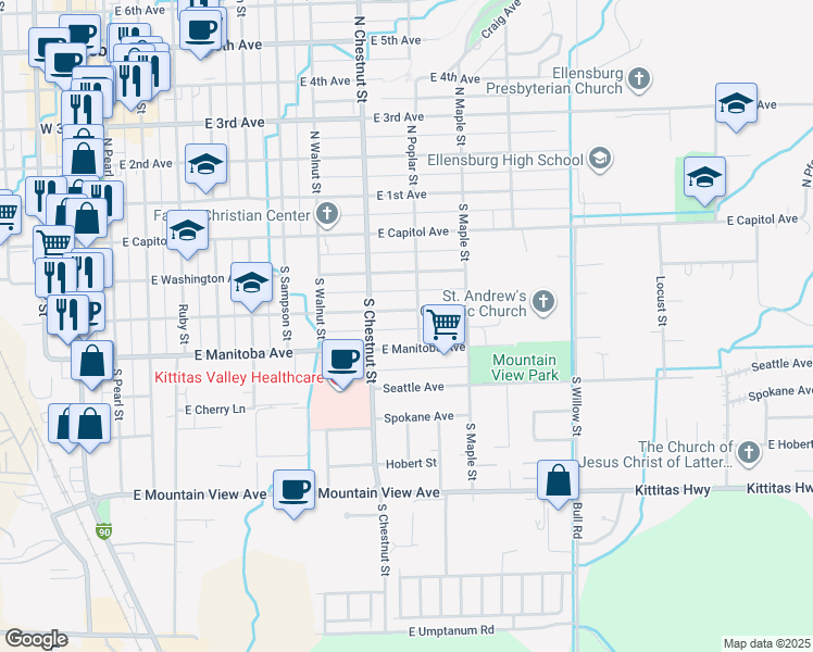 map of restaurants, bars, coffee shops, grocery stores, and more near 403 South Poplar Street in Ellensburg