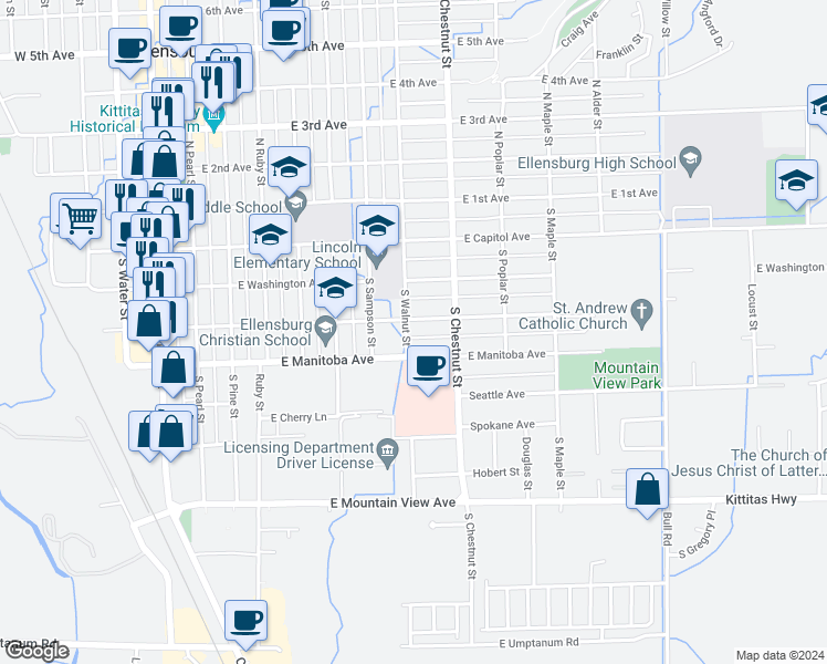 map of restaurants, bars, coffee shops, grocery stores, and more near 402 South Walnut Street in Ellensburg