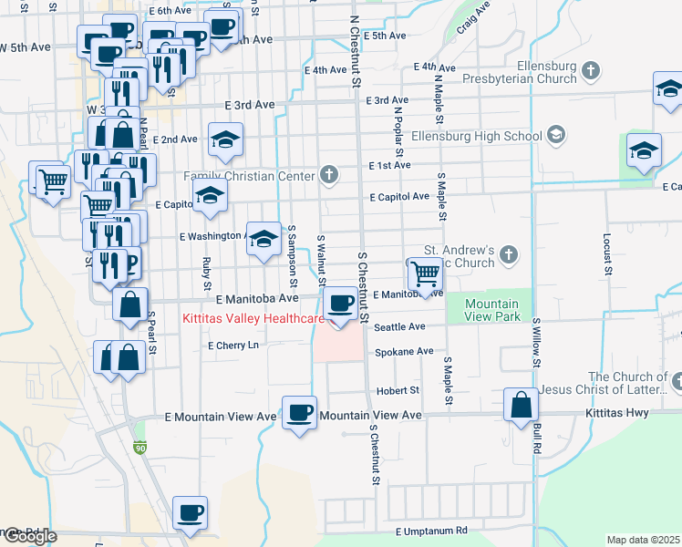 map of restaurants, bars, coffee shops, grocery stores, and more near 402 South Walnut Street in Ellensburg