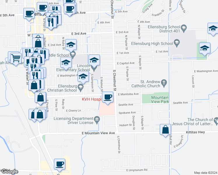 map of restaurants, bars, coffee shops, grocery stores, and more near 708 East Tacoma Avenue in Ellensburg