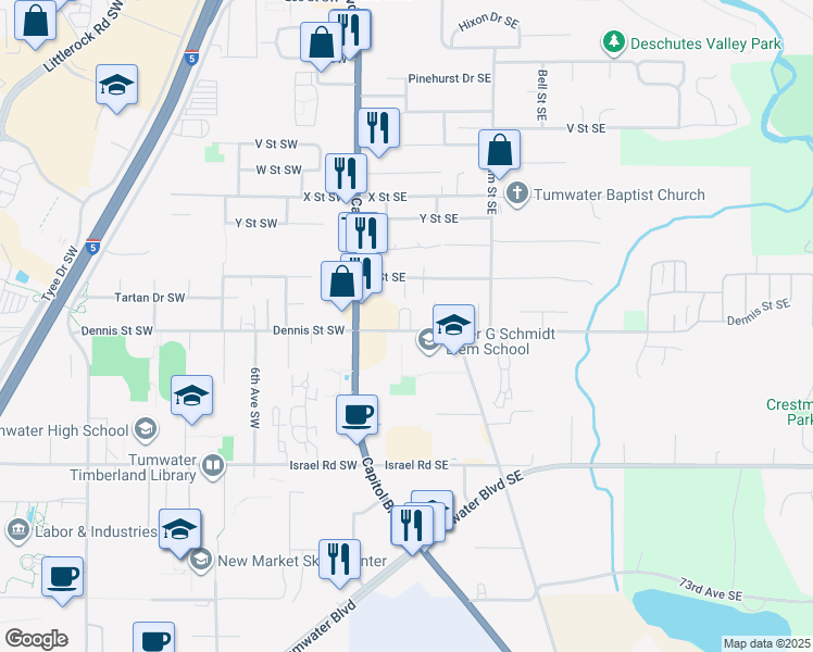 map of restaurants, bars, coffee shops, grocery stores, and more near 204 Allen Orchard Lane South East in Tumwater