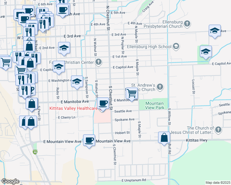 map of restaurants, bars, coffee shops, grocery stores, and more near 403 South Poplar Street in Ellensburg