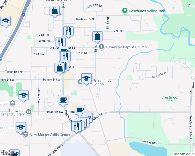 map of restaurants, bars, coffee shops, grocery stores, and more near 325 Dennis Street Southeast in Tumwater