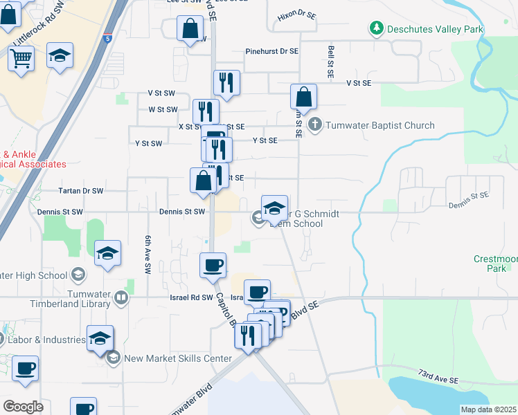 map of restaurants, bars, coffee shops, grocery stores, and more near 204 Allen Orchard Lane South East in Tumwater