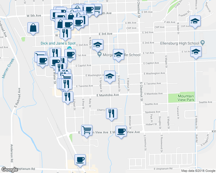 map of restaurants, bars, coffee shops, grocery stores, and more near 401 South Anderson Street in Ellensburg