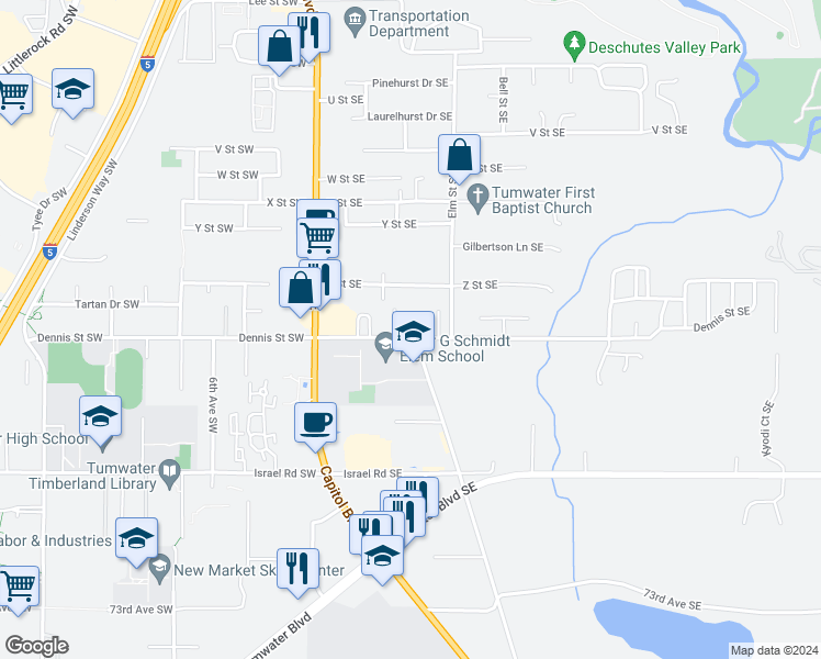 map of restaurants, bars, coffee shops, grocery stores, and more near 306 Dennis Street Southeast in Tumwater