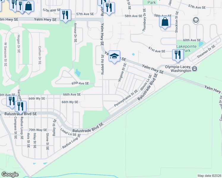 map of restaurants, bars, coffee shops, grocery stores, and more near 6627 Carolina Street Southeast in Lacey