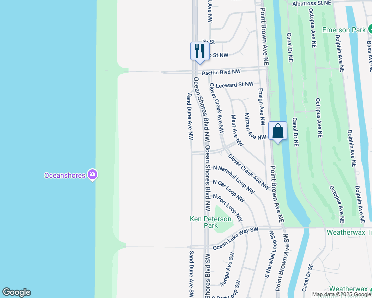 map of restaurants, bars, coffee shops, grocery stores, and more near 303 Sand Dune Avenue Northwest in Ocean Shores