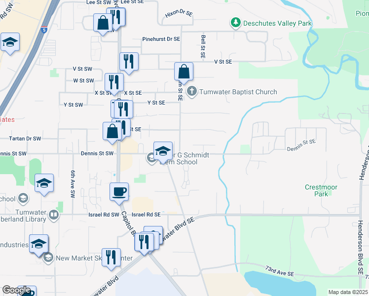 map of restaurants, bars, coffee shops, grocery stores, and more near 6580 Elm Street Southeast in Tumwater