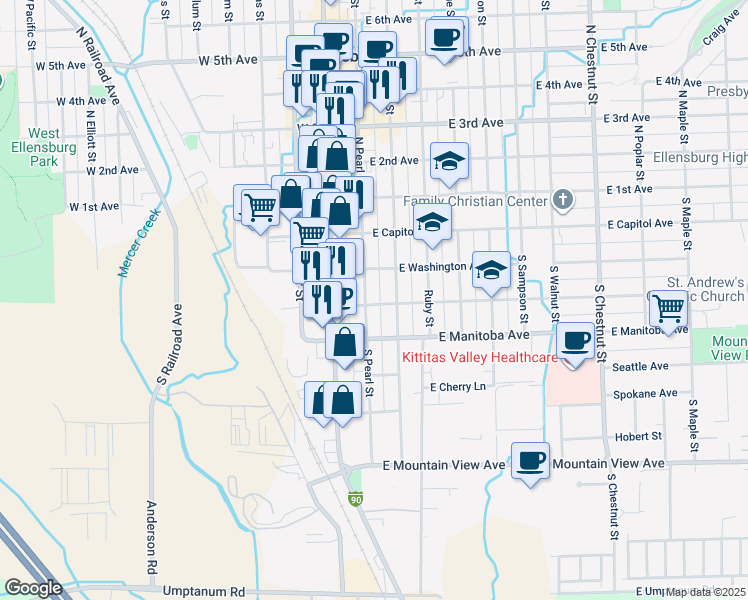 map of restaurants, bars, coffee shops, grocery stores, and more near 403 South Pine Street in Ellensburg