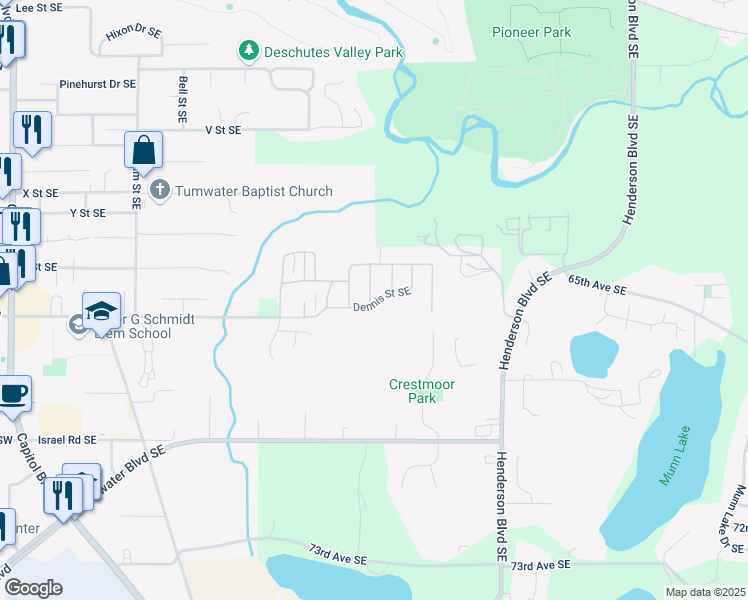 map of restaurants, bars, coffee shops, grocery stores, and more near 715 Dennis St SE in Tumwater