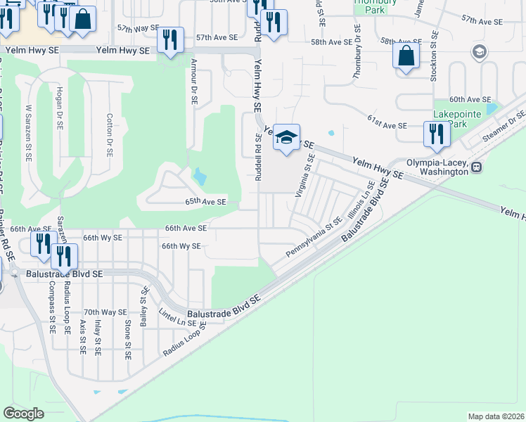 map of restaurants, bars, coffee shops, grocery stores, and more near 6608 Ruddell Road Southeast in Lacey