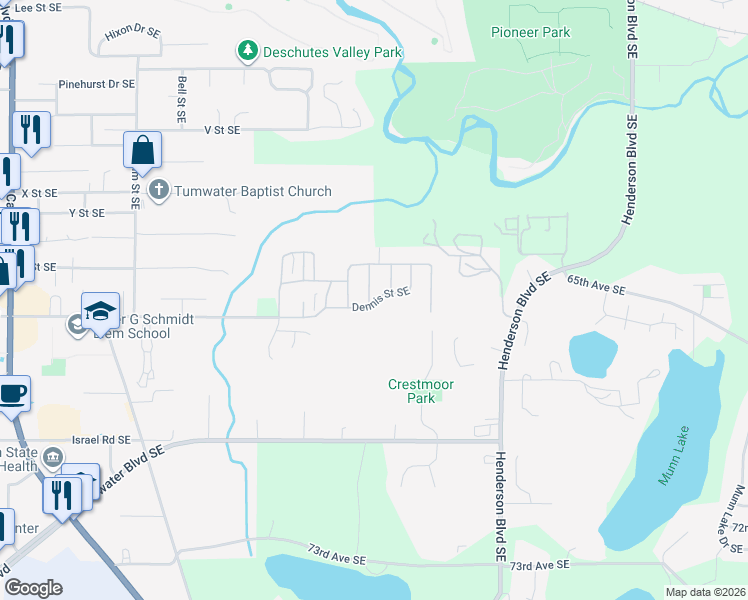 map of restaurants, bars, coffee shops, grocery stores, and more near 715 Dennis St SE in Tumwater