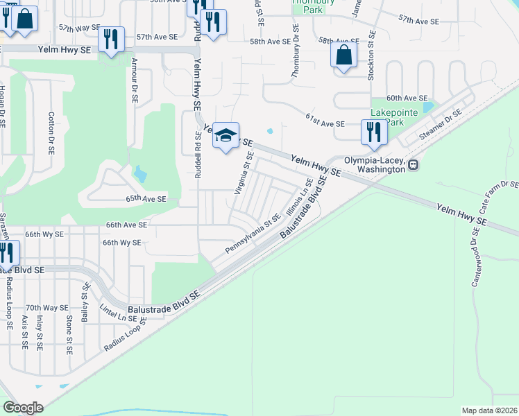 map of restaurants, bars, coffee shops, grocery stores, and more near 6611 Oklahoma Street Southeast in Lacey