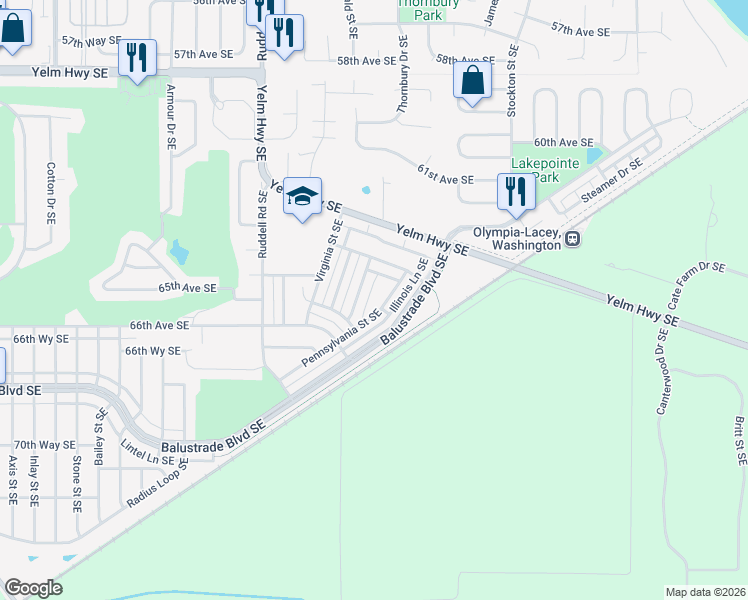 map of restaurants, bars, coffee shops, grocery stores, and more near 6501 Delaware Avenue Southeast in Lacey