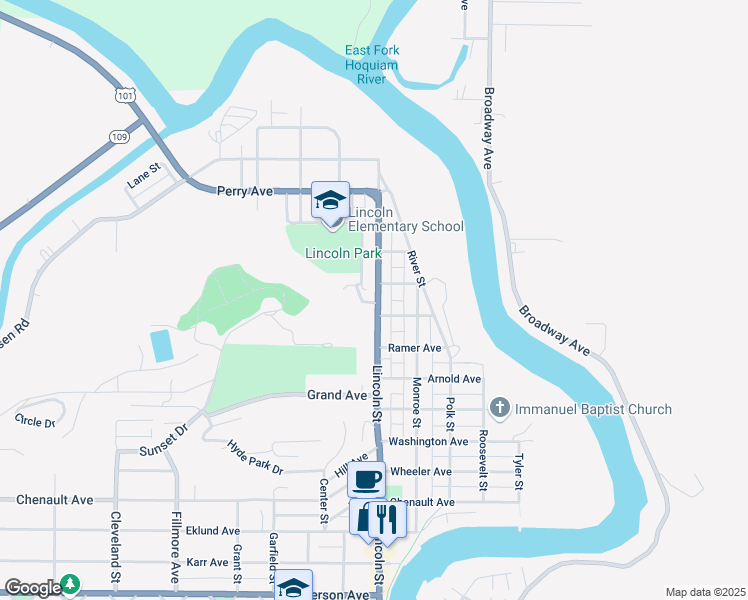 map of restaurants, bars, coffee shops, grocery stores, and more near 1001 Lincoln Street in Hoquiam