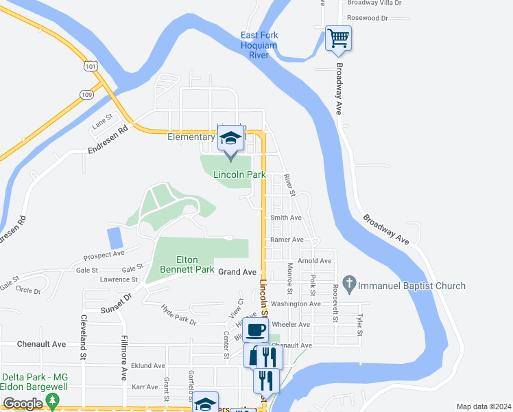 map of restaurants, bars, coffee shops, grocery stores, and more near 1015 Lincoln Street in Hoquiam