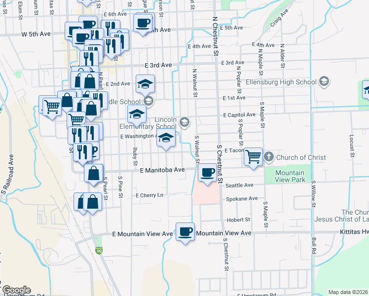 map of restaurants, bars, coffee shops, grocery stores, and more near 404 South Sampson Street in Ellensburg