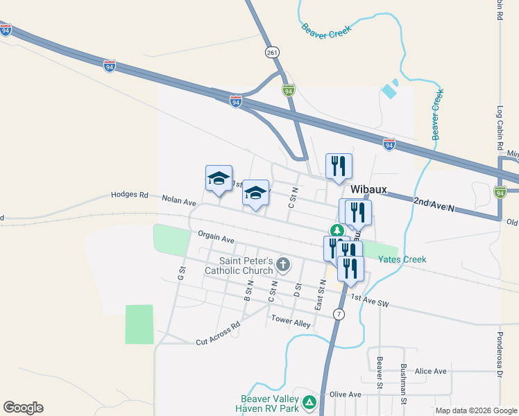 map of restaurants, bars, coffee shops, grocery stores, and more near 114 B Street North in Wibaux