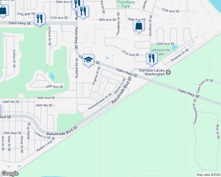 map of restaurants, bars, coffee shops, grocery stores, and more near 6501 Delaware Avenue Southeast in Lacey