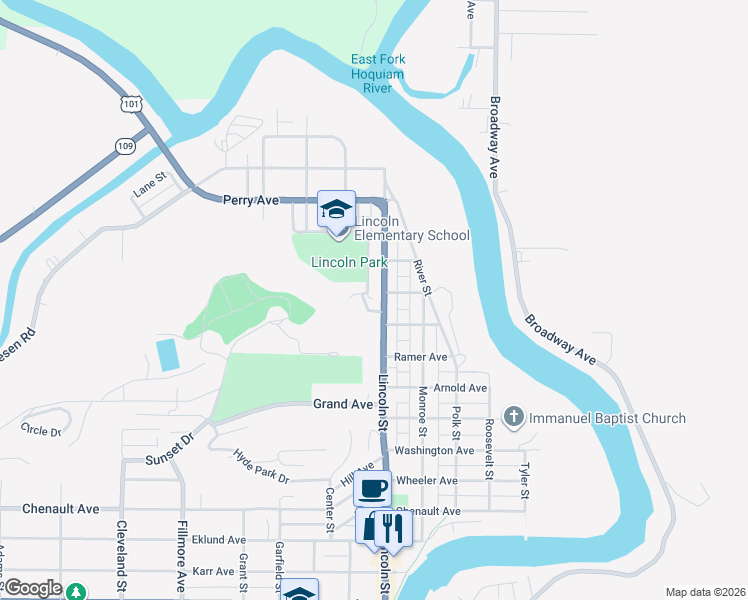 map of restaurants, bars, coffee shops, grocery stores, and more near 1001 Lincoln Street in Hoquiam