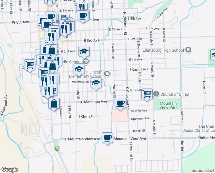map of restaurants, bars, coffee shops, grocery stores, and more near 306 South Sampson Street in Ellensburg