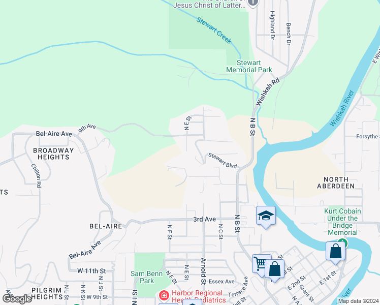map of restaurants, bars, coffee shops, grocery stores, and more near 1866 North E Street in Aberdeen