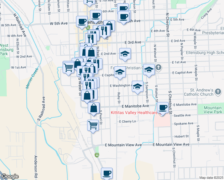 map of restaurants, bars, coffee shops, grocery stores, and more near 211 Ruby Street in Ellensburg