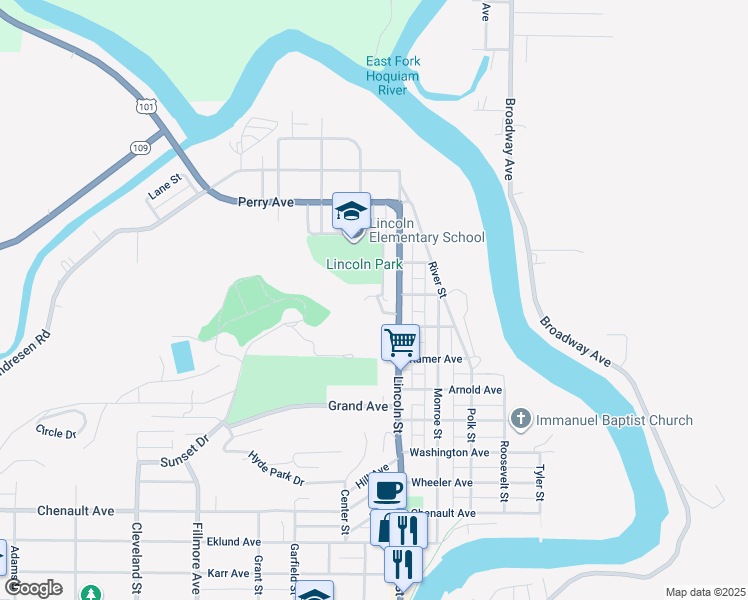 map of restaurants, bars, coffee shops, grocery stores, and more near 1001 Lincoln Street in Hoquiam