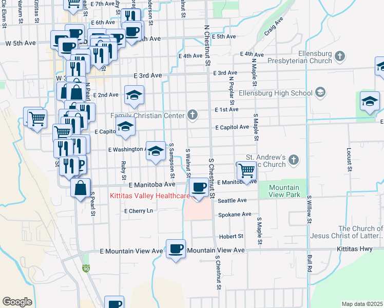map of restaurants, bars, coffee shops, grocery stores, and more near 701 East Washington Avenue in Ellensburg