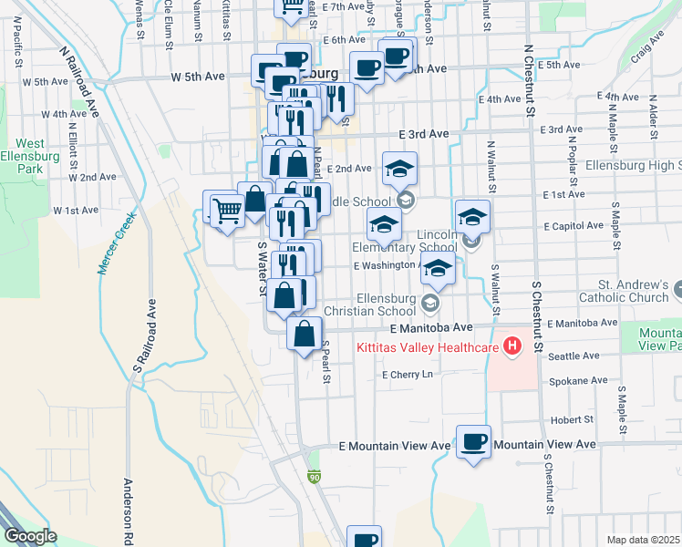 map of restaurants, bars, coffee shops, grocery stores, and more near 211 South Pine Street in Ellensburg