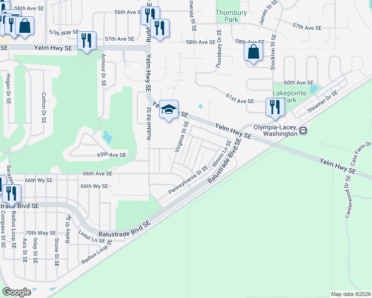 map of restaurants, bars, coffee shops, grocery stores, and more near 6516 Indiana Street Southeast in Lacey