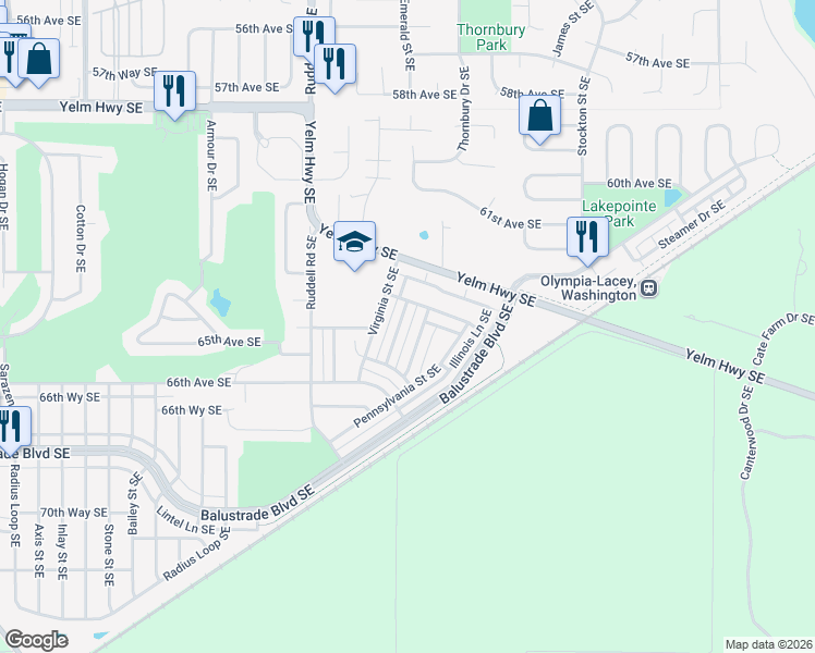 map of restaurants, bars, coffee shops, grocery stores, and more near 6516 Indiana Street Southeast in Lacey